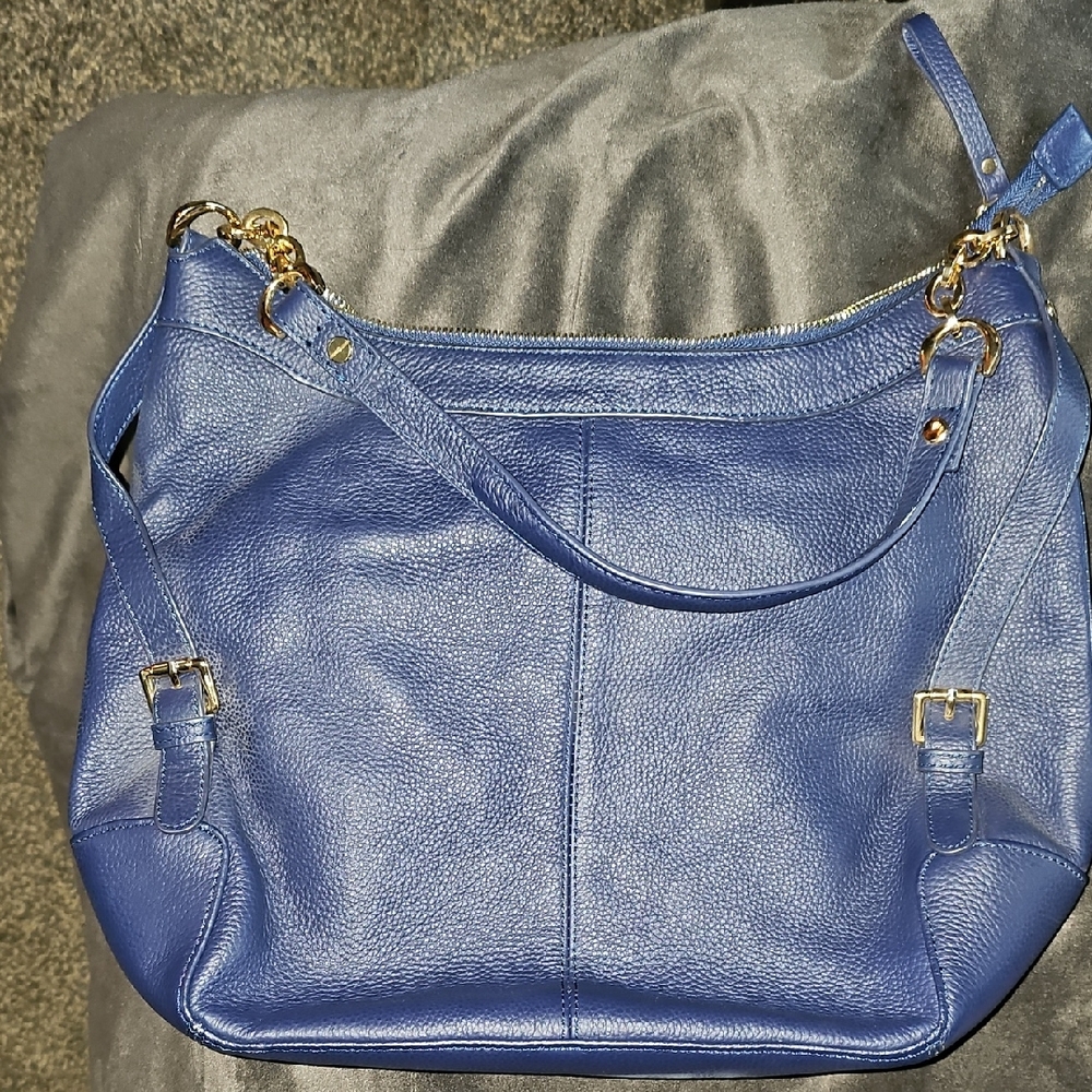 Ora Delphine Royal Blue Leather Hobo Shoulder Bag with Gold Hardware